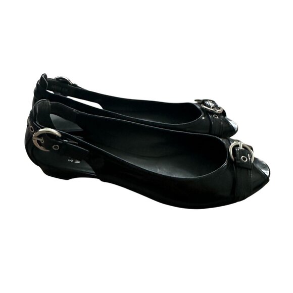 STUART WEITZMAN Black Patent Leather Peeptoe Buckle Flats Size 6.5 - Picture 2 of 9